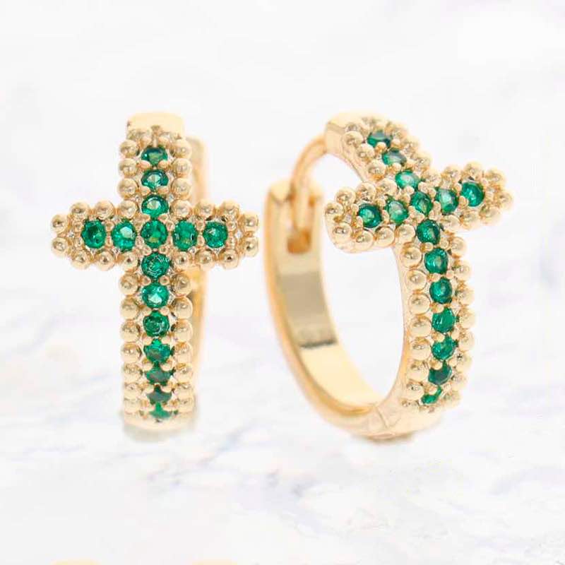 18K Gold-finished Huggies Cross Earrings (Emerald Green)